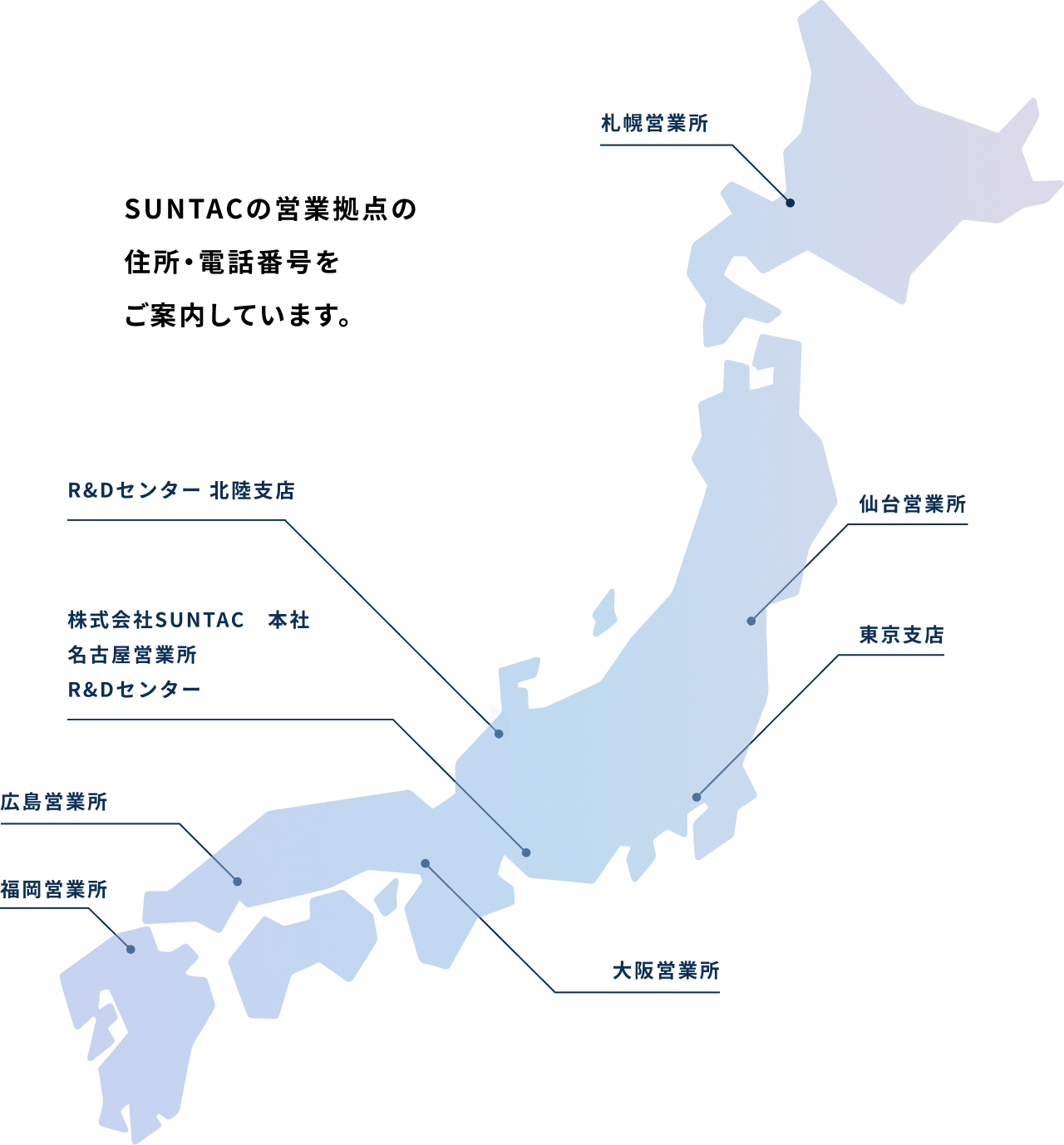 SUNTACの営業拠点の住所・電話番号をご案内しています。